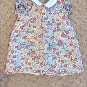 Baby Boden White and Blue Pleated Babydoll Dress with Flutter Sleeves